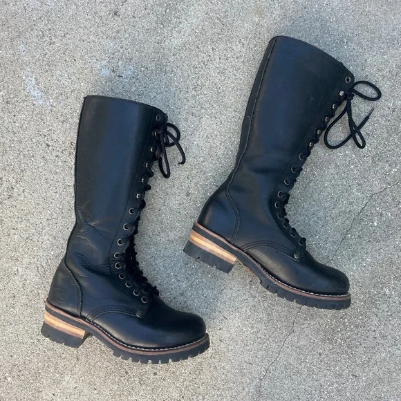 90s knee high lace up boots genuine leather logger black Skechers goodyear welt - Picture 2 of 16